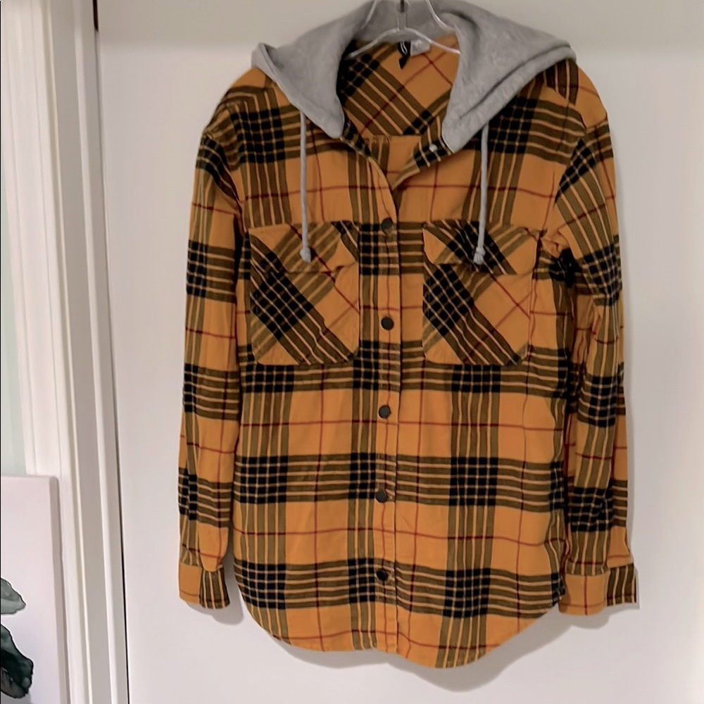 Divided Yellow and Black Plaid Hoodie Shirt Jacket Size 4